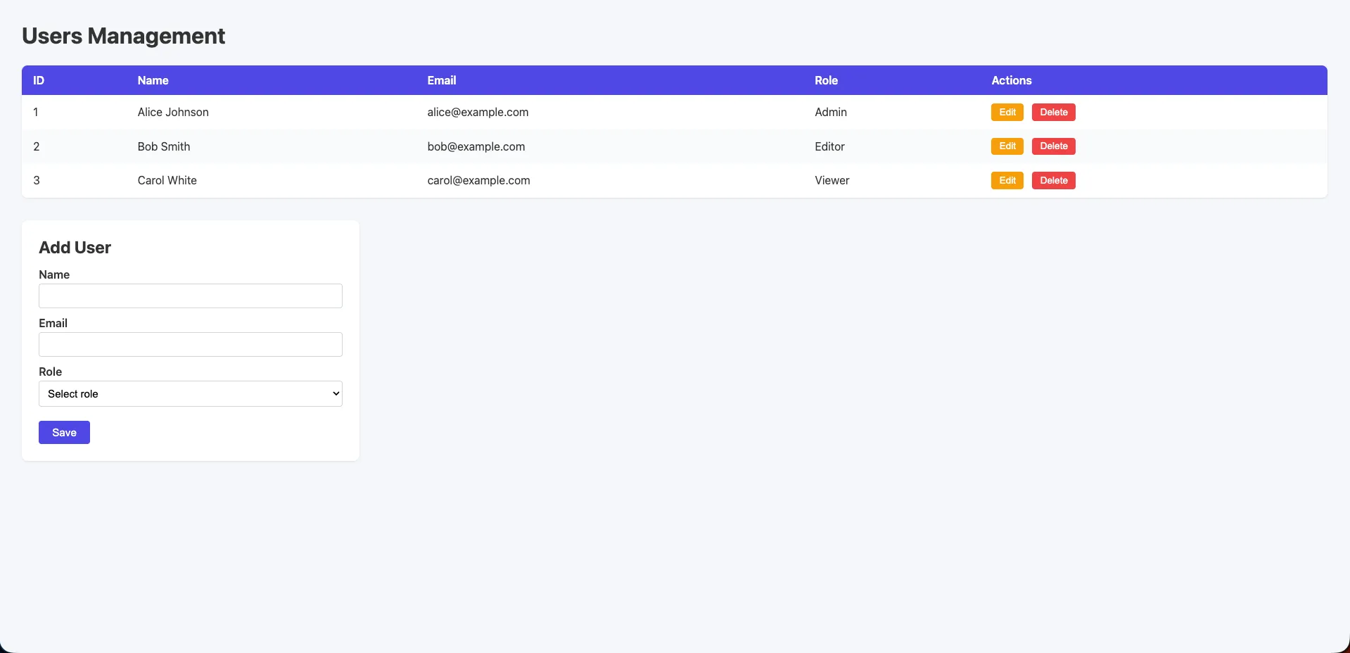 Claude Code generated CRUD app — clean table with system fonts and a simple Add User form