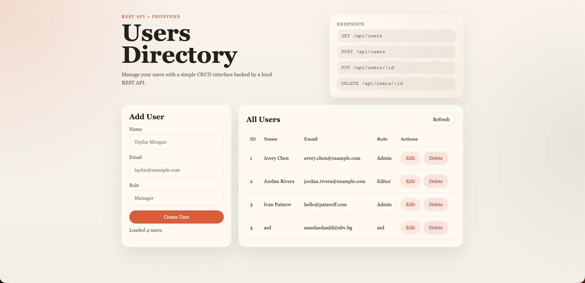 Codex generated CRUD app — warm-toned glassmorphism design with Georgia serif font and API endpoints panel