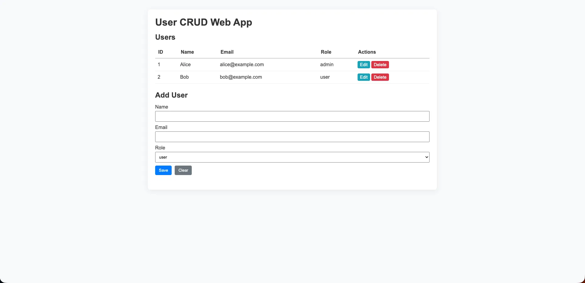 Copilot generated CRUD app — standard light layout with purple header row and yellow/red action buttons