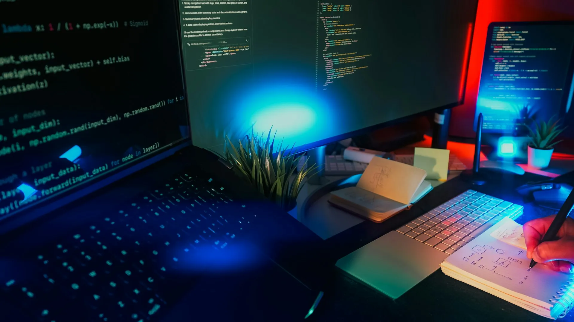 Multiple computer screens displaying code with neon lighting in a developer workspace