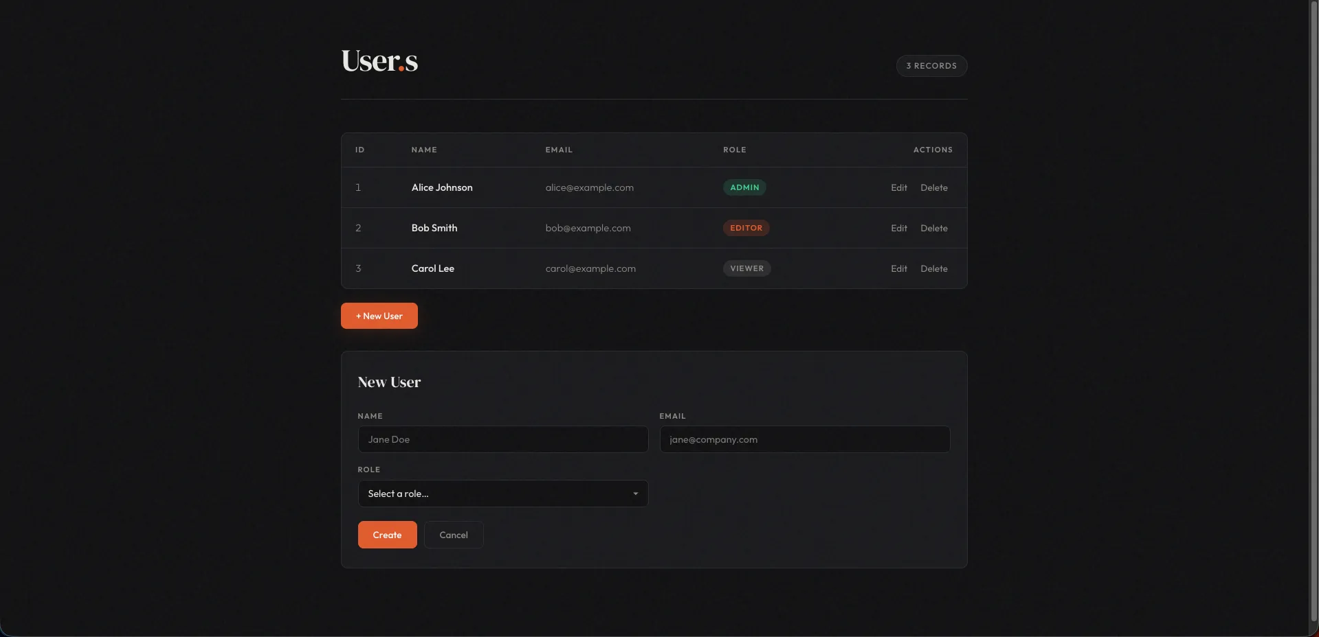 Cursor generated CRUD app — dark editorial UI with DM Serif Display font and toast notifications