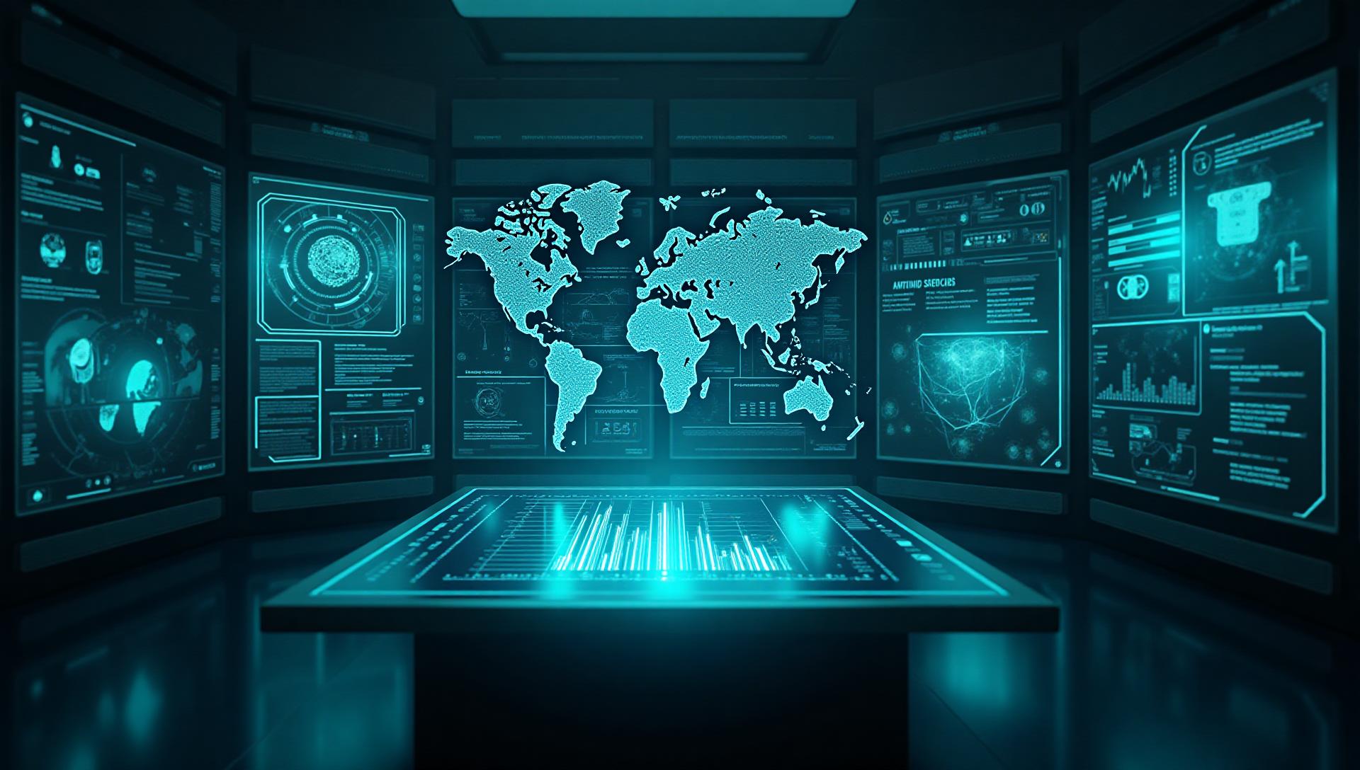 Futuristic technology workspace with AI interfaces